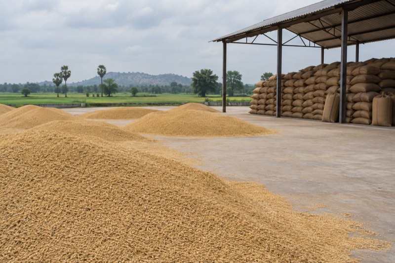 Illustrative paddy procurement yard with piles of grain and collection sheds